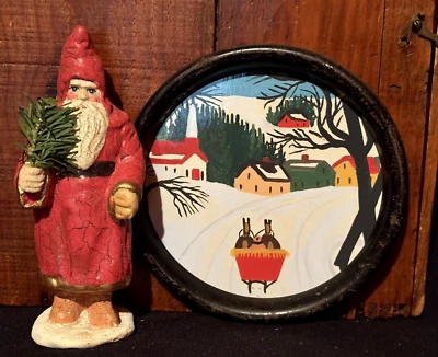 Christmas Chalkware Belsnickle Santa & Maude Lewis Print Antique Tin Frame AAFA - Image 1 of 4