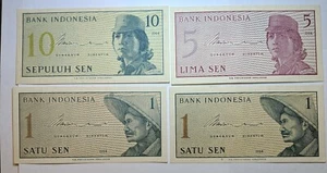 1964, 1,5 & 10, Sen Indonesia Lot of 4 UNC / or High Grade Value Banknotes-7 - Picture 1 of 7