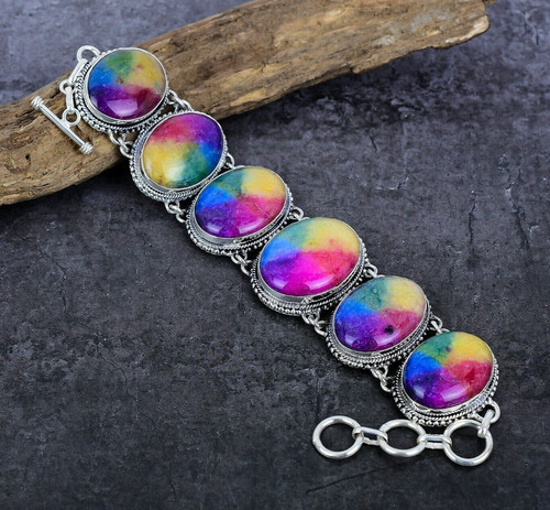 VALENTINO Bracciale Gioielli Argento Sterling 925 Fatto a Mano Pietra Preziosa Quarzo Solare Arcobaleno