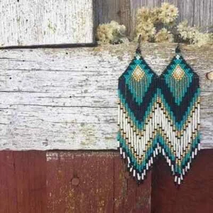 Tribal Earrings Native Large Boho American Seed Beads Handmade Earring - Picture 1 of 2