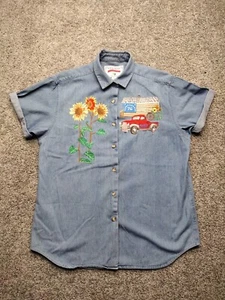 VTG USA Flag Sunflowers Red Ridge Mountain Shirt Embroidery Womens Shirt Large - Picture 1 of 10