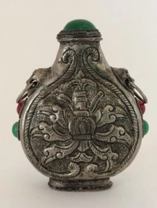 TIBETAN SILVER SNUFF BOTTLE. INSET WITH GREEN AND RED STONES.  - Picture 1 of 12