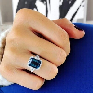 Alianza de oro blanco de 14 quilates 3,50 quilates topacio azul Londres corte esmeralda diamante real - Imagen 1 de 10