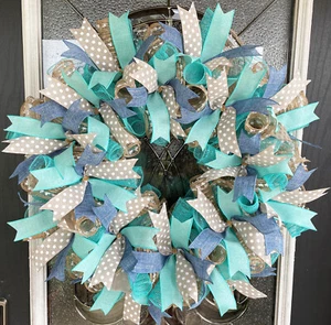 Beach, Farmhouse, Cottage, Everyday Deco Mesh Wreath Home Decor Decoration Denim - Picture 1 of 6