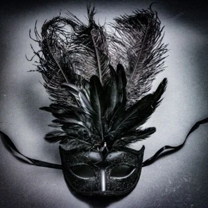 Venetian Black Masquerade Mask Show Girl Ostrich Top Feather Mardi Gras EyeMask - Picture 1 of 4