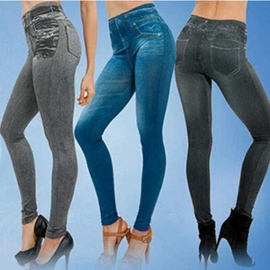 Women High Waist Capri Leggings Faux Denim Slim Jeans Butterfly Printed Pants - Picture 1 of 15