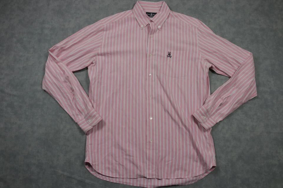 Рубашка мужская Psycho Bunny средний размер розовая белая полоса на пуговицах оксфордская с длинным рукавом - Изображение 1 из 4