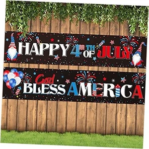 2 Pieces Happy 4th of July Decorations Outdoor Patriotic Banner God Bless - Picture 1 of 7