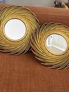 Sunburst Mirror Set Of 2 Plastic Gold Finish Wall Mirrors MCM Style 9” - Picture 1 of 4
