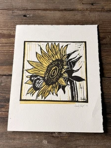 Charley Forsyth Signed Linocut Print Sunflower & Butterfly 2019 Hand Pulled - Picture 1 of 14