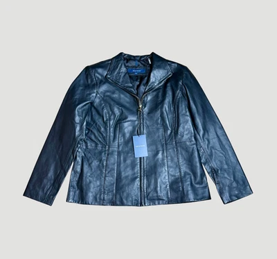 Chaqueta de Cuero de Piel de Cordero Genuina XL Cole Haan para Mujer Negra Moto Cremallera Nueva con Etiquetas Diseñador Foto 1 de 4