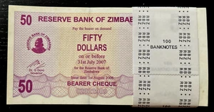 Zimbabwe 50 DOLLARS P-41 2006 x 100 Pcs Lot BUNDLE AA Bearer Cheque UNC BANKNOTE - Picture 1 of 8