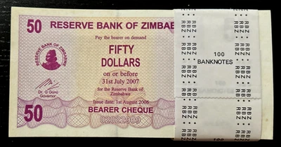 Zimbabwe 50 DOLLARS P-41 2006 x 100 Pcs Lot BUNDLE AA Bearer Cheque UNC BANKNOTE - Image 1 of 4