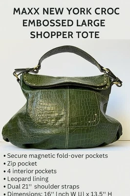 Maxx New York Green Croc Embossed Large Shopper Tote Leopard Lining Studded Bag - Image 1 of 4