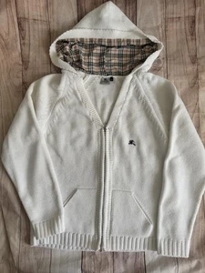 Burberry London White Knit Zip Hoodie Nova Check L/XL Vintage - Picture 1 of 13