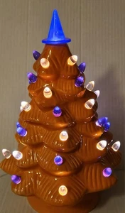 Mr Christmas Orange 12" Ceramic Halloween Tree Witches Hat Purple White Bulbs - Picture 1 of 10