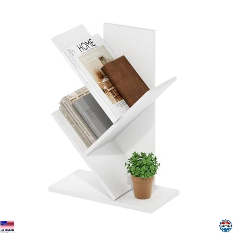 3-Tier Floor Standing Tree Bookshelf Bookcase - White Wood Storage Unit - Image 1 of 4