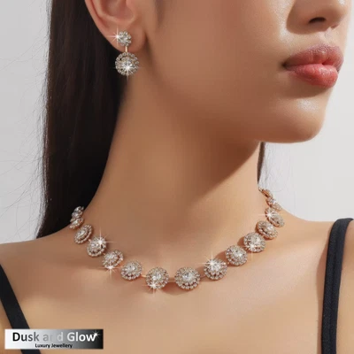 Luxury Zirconia Button Laced Necklace Earrings Jewellery Gift Set Wedding UK NEW Foto 1 de 2