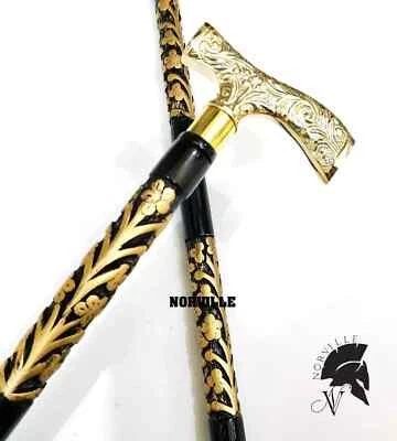 Vintage Wooden Walking Stick Handmade Carved Cane Men Women Derby Brass Handle - Image 1 of 4