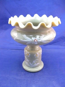 VINTAGE GLASS PEDESTAL VASE W WHITE FLORAL DECORATION & RUFFLED EDGE -HAND BLOWN - Picture 1 of 9