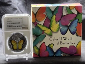 2021 CAMEROON 500 FRANCS - YELLOW BUTTERFLY - COLORIZED NGC PF69 UC SILVER COIN - Picture 1 of 10