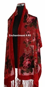 Elegant 100% Silk Burnout Velvet Vintage Floral Oblong Scarf Shawl Wrap, Red - Picture 1 of 5