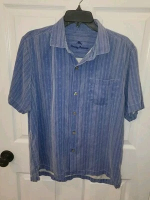 Tommy Bahama 100% Silk Blue Stripe Aztec Hawaiian Short Sleeved Shirt Large - Image 1 of 4