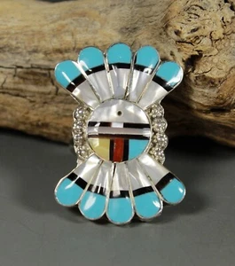Zuni Inlay Turquoise Ring sz 8 SunFace Esther Niiha - Picture 1 of 6