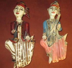 Thai Musicians Lacquered Carved Wood Wall Hangings Figurine Set of 2 - Picture 1 of 5