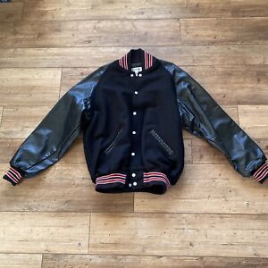 Leader Black Letterman Jacket  Snap Front  Black Leather Sleeves  X-Large