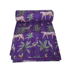 Indian jungle animal 100% Cotton purple Kantha Quilted Bedspread Throw Blanket - Picture 1 of 4