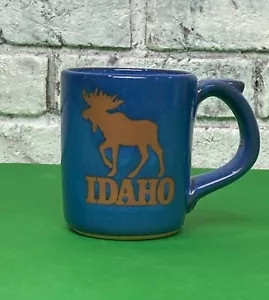 Vintage Idaho Bull Moose Red Ware Blue Pottery Mug w/ Thumb Rest 12oz Coffee Cup - Picture 1 of 7