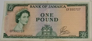1960 Bank of Jamaica QUEEN Elizabeth II One Pound SN# CF990707 Banknote - Picture 1 of 4