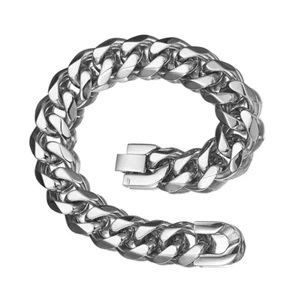 15mm Fashion Gift Stainless Steel Silver Cuban Chain Men's Bracelet Bangle 8.66" - Picture 1 of 5