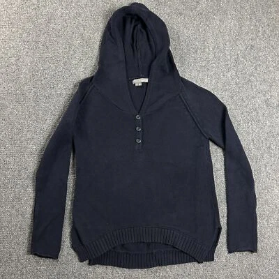 360 Свитер женщин XS синий вязаный Henley с капюшоном пуловер 100% хлопок - Изображение 1 из 4