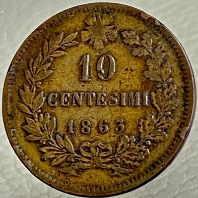 Beautiful 1863 Italy 10 Centesimi Coin Vittorio Emanuele II Italia - Image 1 of 4