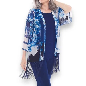 Chicos Travelers L/XL Blue Patchwork Fringe Duster Open Kimono Swim Cover Floral - Picture 1 of 11