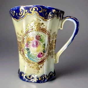Antique Nippon Style TeaCup Cobalt Blue Gold Gilt Floral Medallion Celadon Glaze - Picture 1 of 9