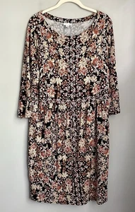 J Jill Floral Print Stretchy Pullover Black Brown Dress 3/4 Sleeve Plus Size 1X - Picture 1 of 10