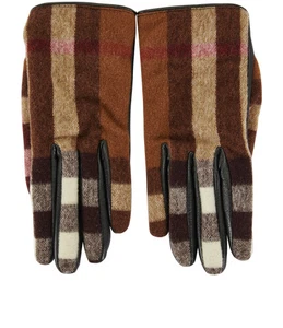 Burberry Check Gloves Black Brown Leather Wool Women - Afbeelding 1 van 4