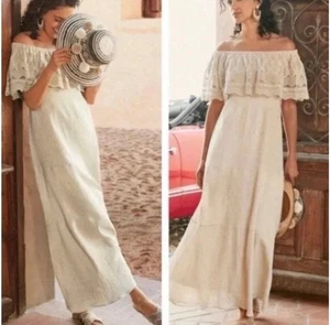 Maxi Vestido Suave Surroundings Brittsomar Beige Lino Crochet Fuera del Hombro L - Imagen 1 de 10