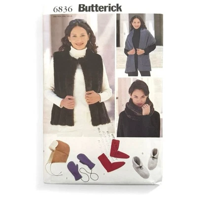 Butterick Sewing Pattern 6836 Misses’ Vest Scarf Mittens Slippers Socks Uncut - Image 1 of 3
