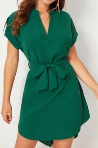 Tied Notched Short Sleeve Dress - Picture 1 of 19