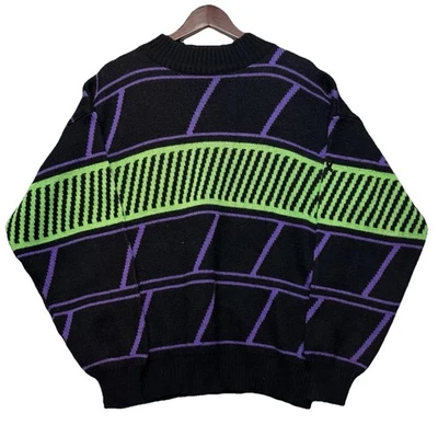 Vintage 80s Demetre Men’s XL slalom snow ski sweater Wool Blend Neon Geometric - Image 1 of 4