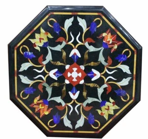16" black Marble Dining Coffee corner Center Table Top inlay antique Mosaic h1 - Picture 1 of 4