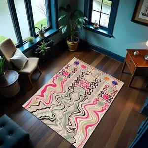 Ethnic Cream Beige Color Tribal Melting Rug Boho Liquid Carpet Ethnic Mat - Picture 1 of 3