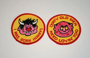 2 Vintage Rare Campy Dirty Old Men Born Horn Patch New NOS 1970s slogan - Picture 1 of 1