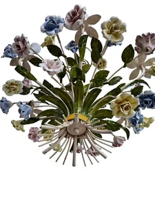 Vintage Italian Tole Chandelier Porcelain Roses Metal Leaves Yellow Trim READ - Picture 1 of 24