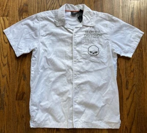 Harley Davidson Shirt Button Down Skull Mens Small White Embroidered Performance - Picture 1 of 9