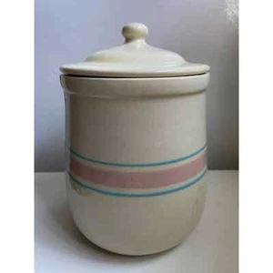 McCoy Pottery Vintage Cream Blue Pink Stripe Large Jar - Picture 1 of 5